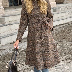 Tweed Plaid Brown Button Up Belted Trench Coat